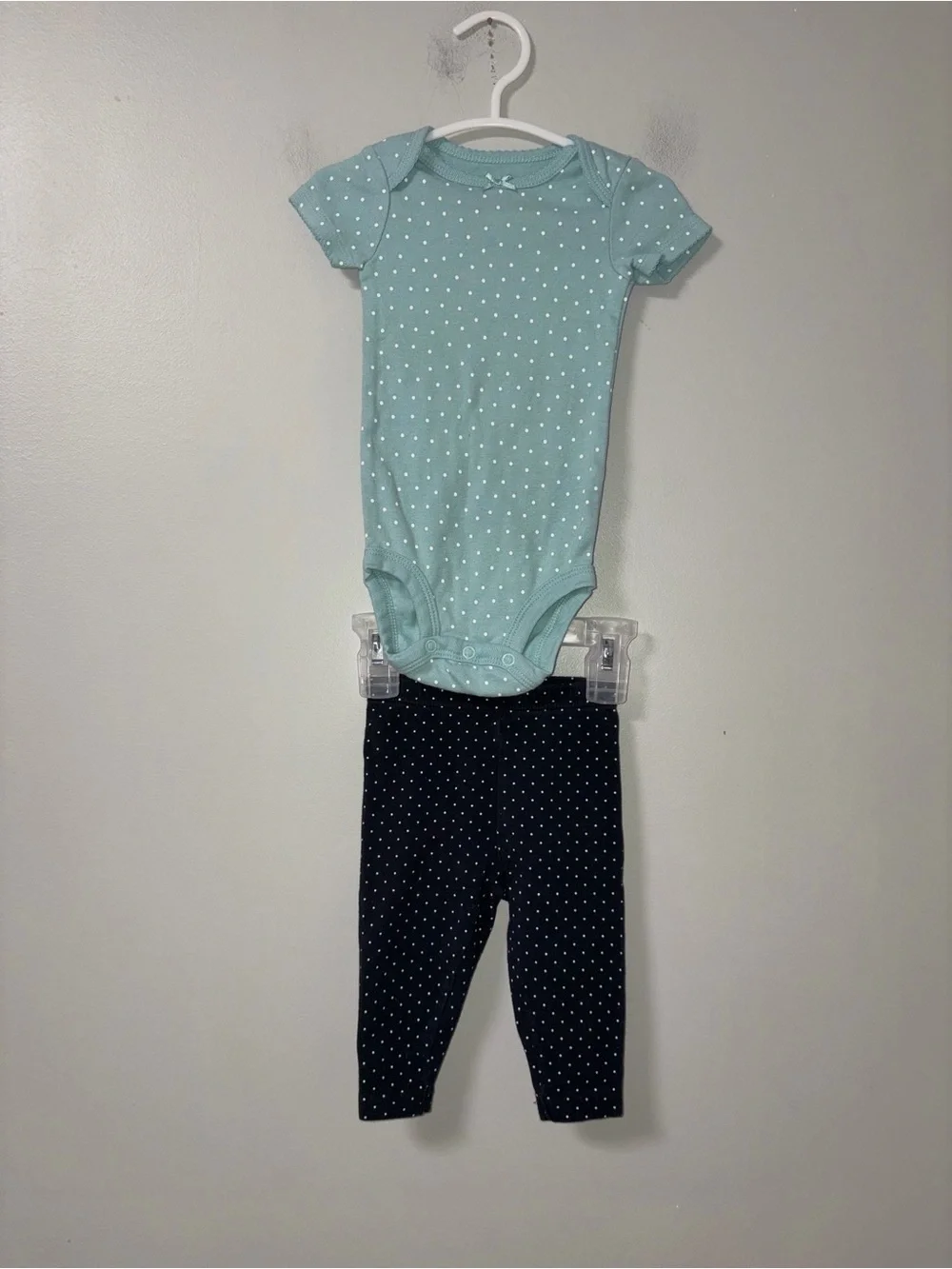 Child of Mine by Carters Blue Black White Polka Dot Body Suit Pants Set 3-6M